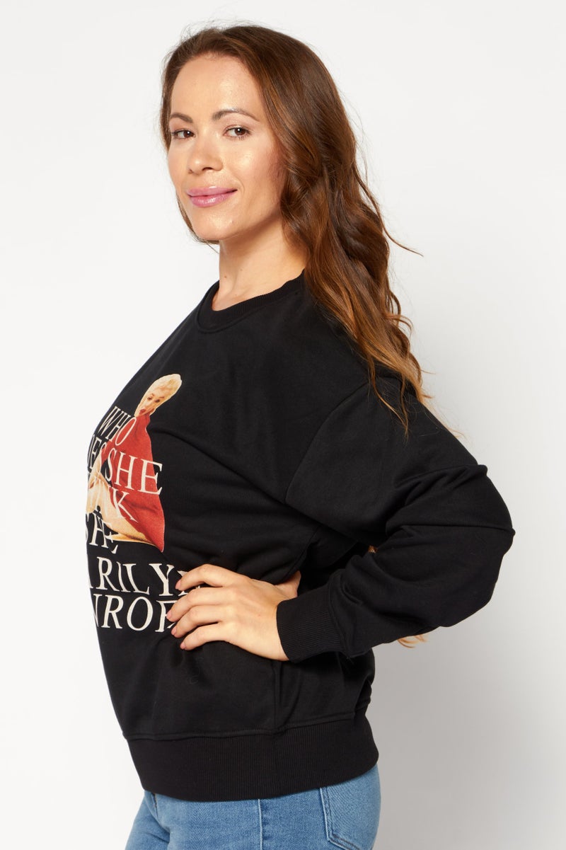 Marilyn Monroe Women Crew Neck Long Sleeve Graphic Print Sweatshirt, Black - Image 2